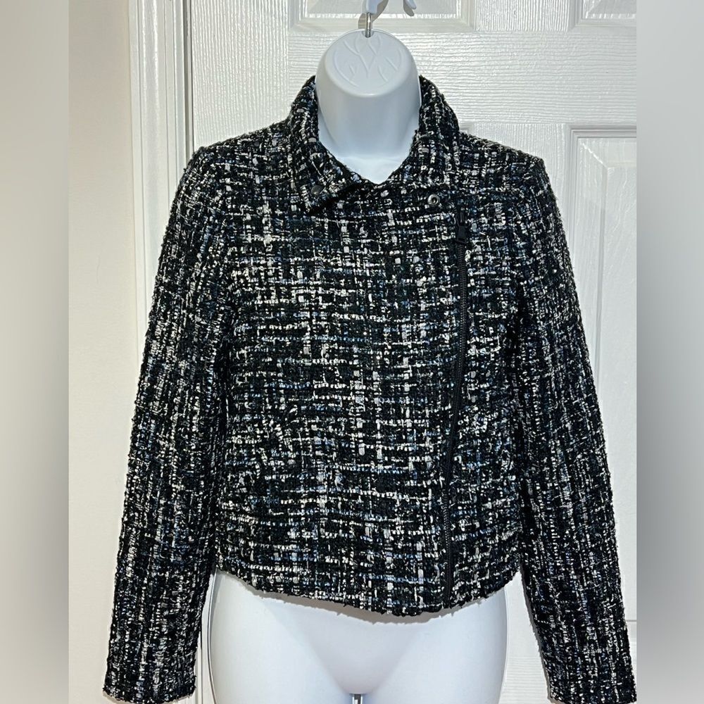 Express Tweed Moto Jacket Womens Black Blue White Asymmetric Zip XS